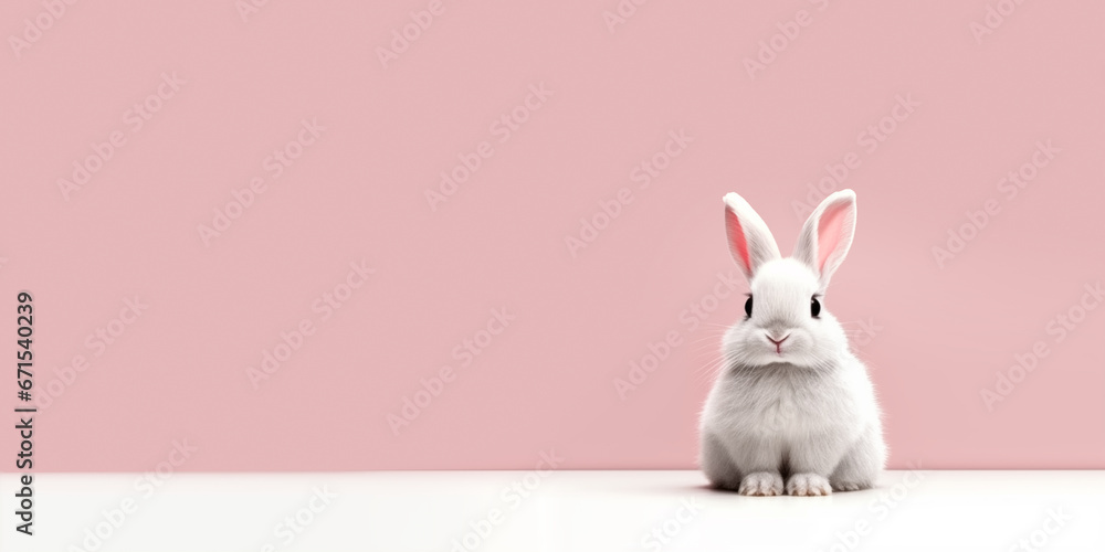 Little white rabbit on pink background, minimalist banner with copy space.