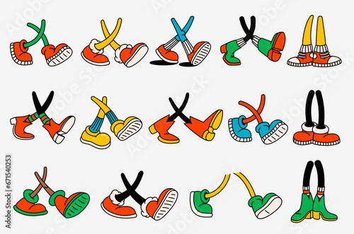Retro cartoon characters legs. Groovy vintage 30s 60s 70s various feet in different positions and shoes.