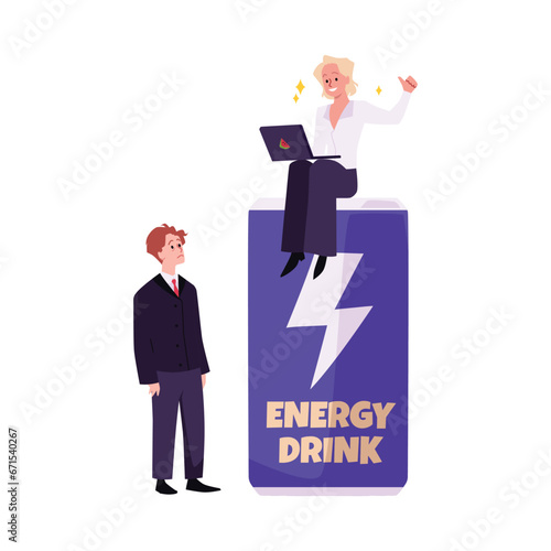 Energy drink promotion concept, vector cartoon illustration on white