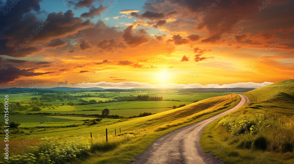 Road at sunset among the years and green fields