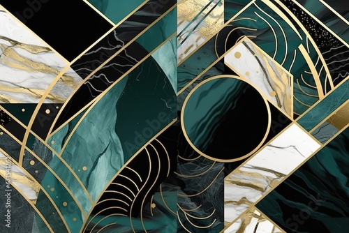 Fond art déco abstrait avec un motif géométrique minimaliste, incrustation de mosaïque moderne, carrelage, texture d'agate de marbre et d'or. IA générative, IA