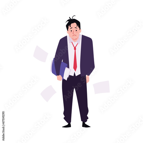 Tired businessman with documents folder, bored manager, emotional burnout and low life energy cartoon vector character