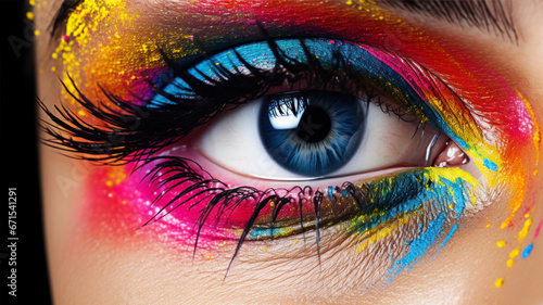Close up of beautiful woman's eye with multicolored makeup. © Alex