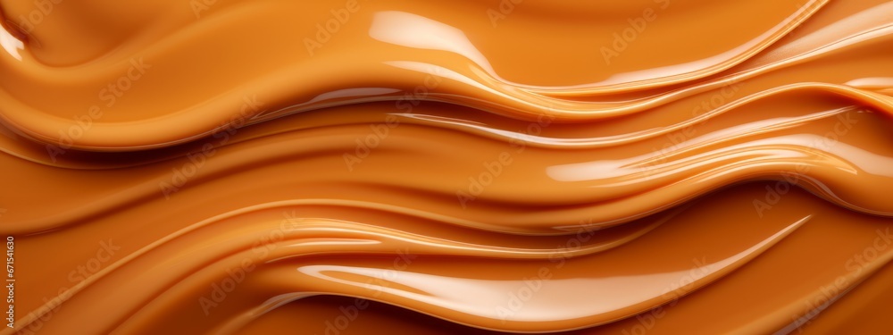 Fototapeta premium Liquid salted caramel syrup. Background of caramel paste. Texture Close up, top view.