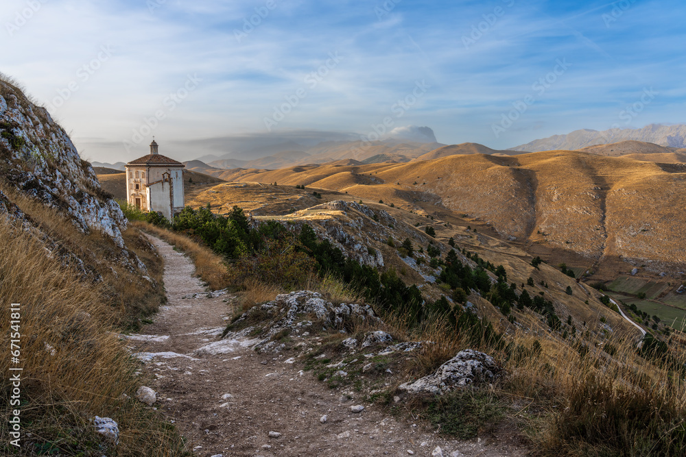 In the hills of Abruzzo in the Gran Sasso National Park is the church of Chiesa di Santa Maria della Pieta near Calascio, Italy
