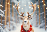 Photo of Reindeer in Santa hat on the snow