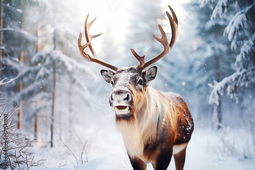 Photo of Reindeer in Santa hat on the snow