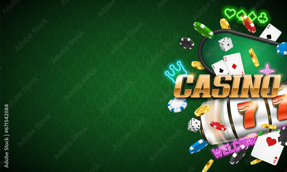 Shining sign Casino with playing cards, chips, dice, coins and slot machine. Vector illustration.