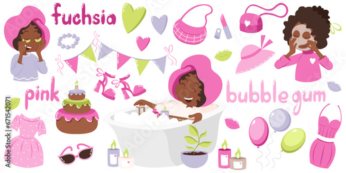 Set in barbiecore style. Make up, cosmetics, take care time. Glam and retro style for product design in pink, purple and lime colours. Bright colourful vector illustrations.	