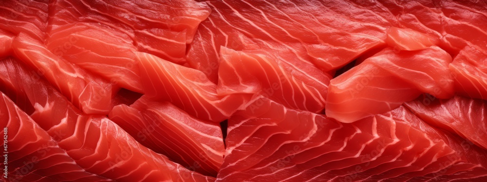 Sliced bluefin tuna raw meat texture background, close-up. - obrazy, fototapety, plakaty 