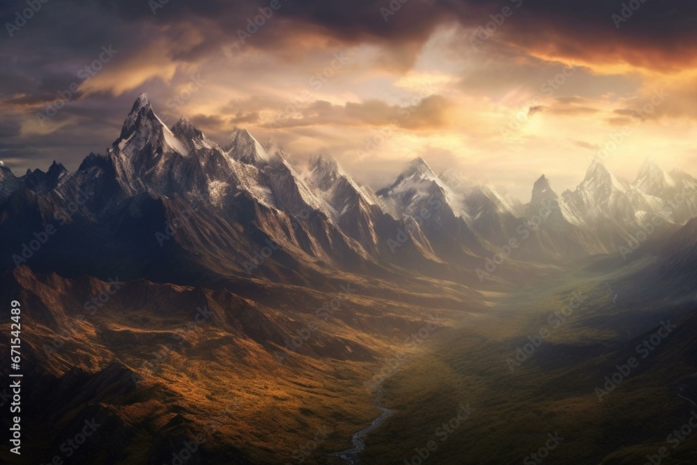 Scenic landscape with towering peaks and majestic ranges. Generative AI