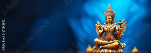 Hindu god. Vishnu, Indian lord of Hinduism. Hari god of ancient India. Hindu deity sitting on lotus flower, holding attributes. Traditional holy divinity. illustration copy space
