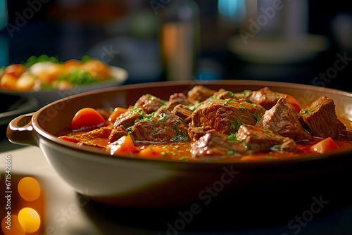 Close up of Hungarian goulash in background of modern restaurant. Lifestyle concept of food and dish.