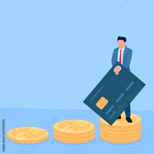 person with credit card cuffed hands standing on pile of coins as debt, metaphor of debt burden. Simple flat conceptual illustration.