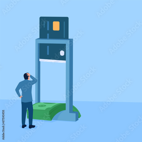 people regret seeing their money go under the guillotine in the form of credit cards, a metaphor for the burden of debt. Simple flat conceptual illustration.
