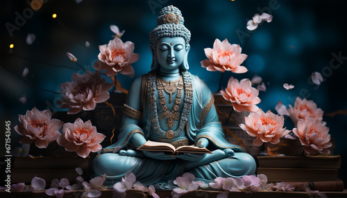 Hindu god. Vishnu, Indian lord of Hinduism. Hari god of ancient India. Hindu deity sitting on lotus flower, holding attributes. Traditional holy divinity. illustration copy space photo