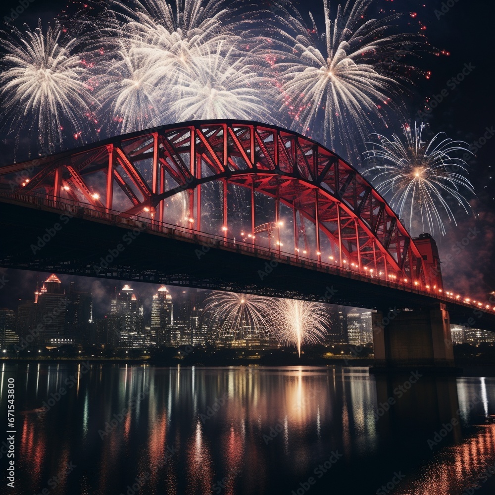 AI Generated new year celebration fireworks over bridge below urban city.