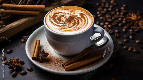 Cappuccino with cocoa and cinnamon stick.