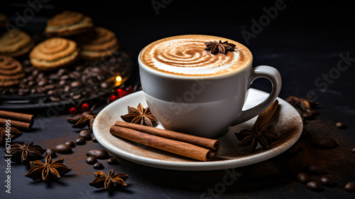 Cappuccino with cocoa and cinnamon stick.