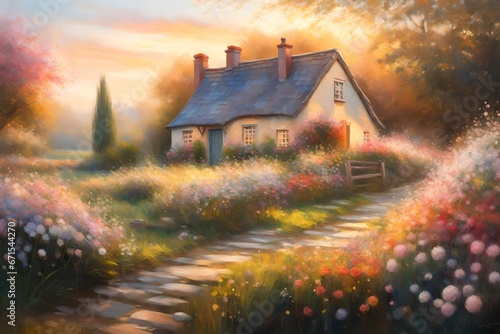 A peaceful countryside scene with a charming cottage nestled among blooming pastel flowers, bathed in the soft light of a setting sun