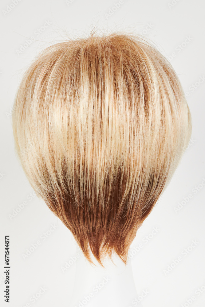 Natural looking blonde fair wig on white mannequin head. Short hair cut on the plastic wig holder isolated on white background, back view. Natural looking blonde fair wig on white mannequin head. Short hair cut on the plastic wig holder isolated on white background, back view.
