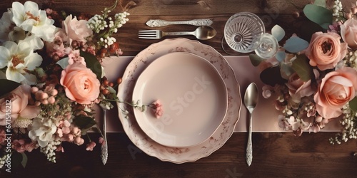 
beautiful table setting with flowers and cutlery on wooden table at wedding or dinner. stylish tablewear decorations photo