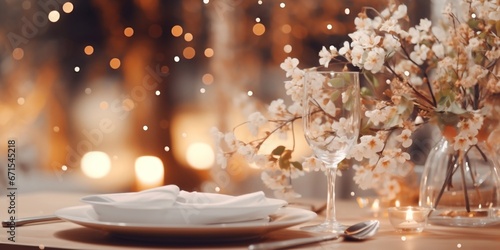  beautiful table setting with flowers and cutlery on wooden table at wedding or dinner. stylish tablewear decorations