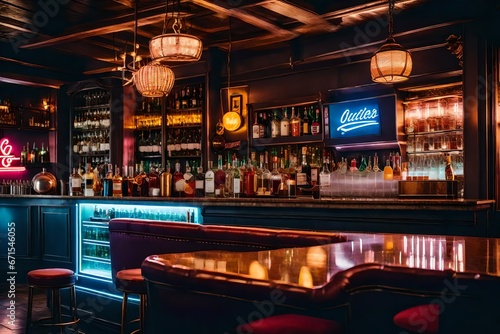 A vintage-inspired bar area with retro furniture  neon signs  and a collection of classic cocktails