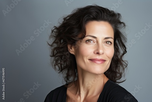 Studio portrait of a stylish beautiful woman aged 50 wearing a black T-shirt on a gray background © Olena