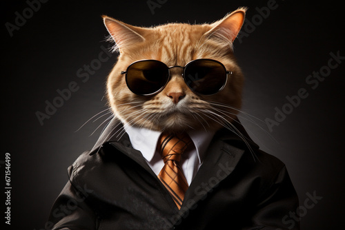 Cat dressed in a snazzy business suit, complete with stylish sunglasses. This feline executive exudes an air of authority and attitude. Ai generated