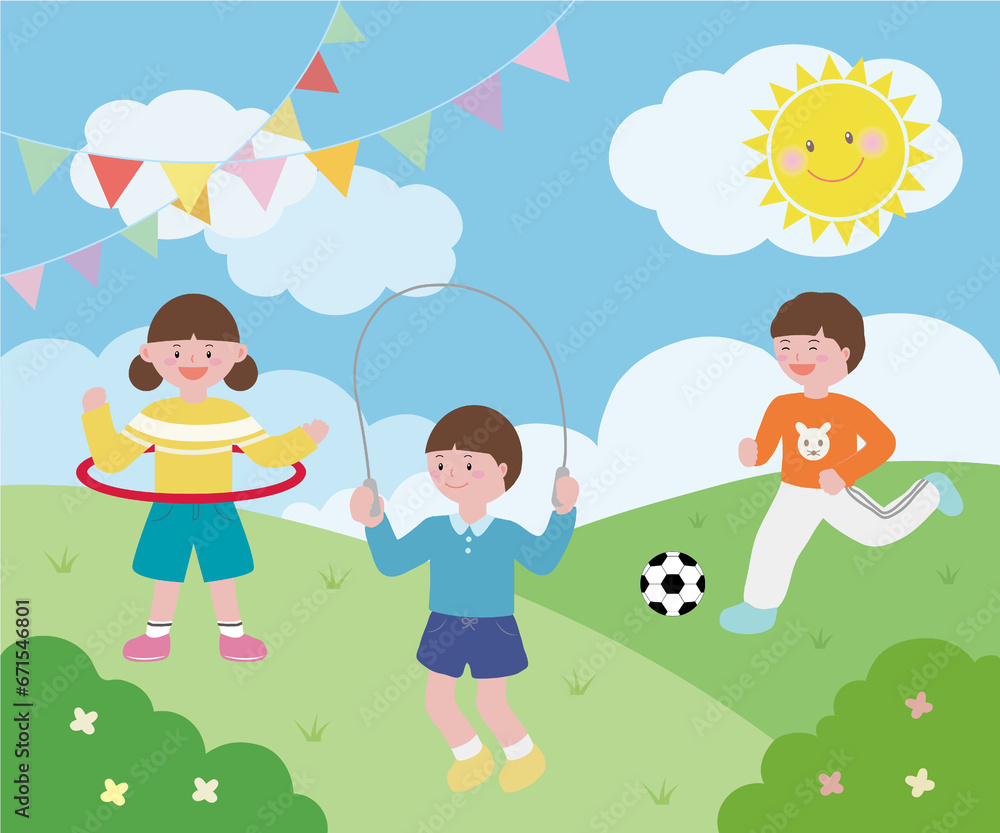 Illustration of children playing and exercising on the grass on a sunny day
