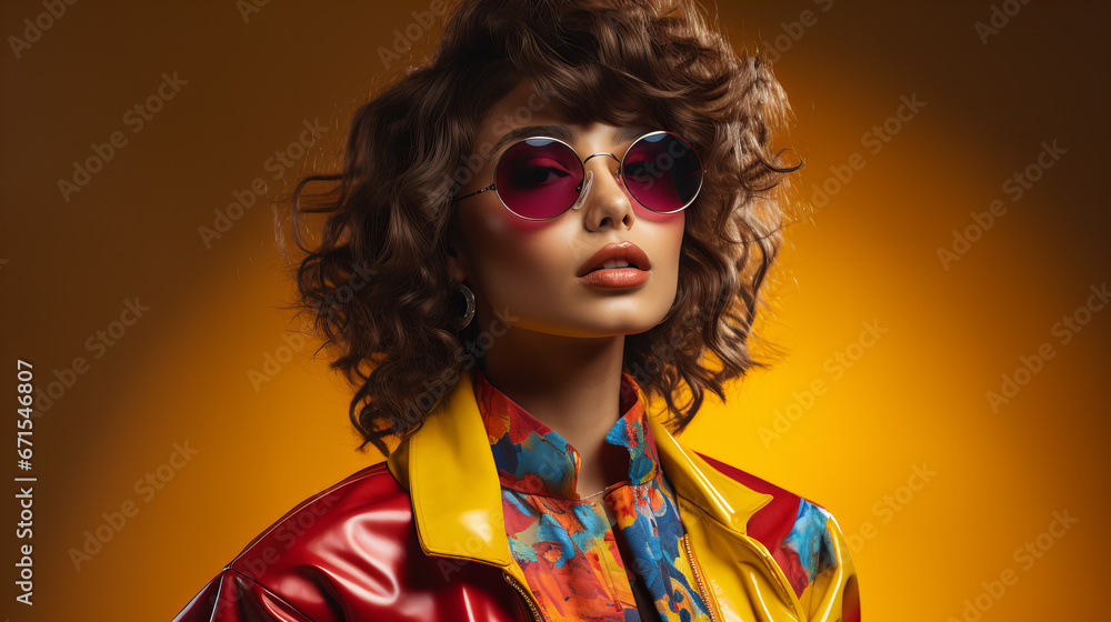 Cool teenager. Fashionable DJ girl in colorful trendy jacket and vintage retro sunglasses enjoys style of 80s 90s vibes. Teenager Girl at disco party. Young fashion model isolated on red, Valentine