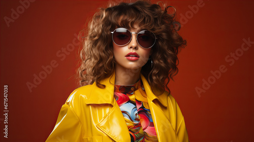 Cool teenager. Fashionable DJ girl in colorful trendy jacket and vintage retro sunglasses enjoys style of 80s 90s vibes. Teenager Girl at disco party. Young fashion model isolated on red  Valentine