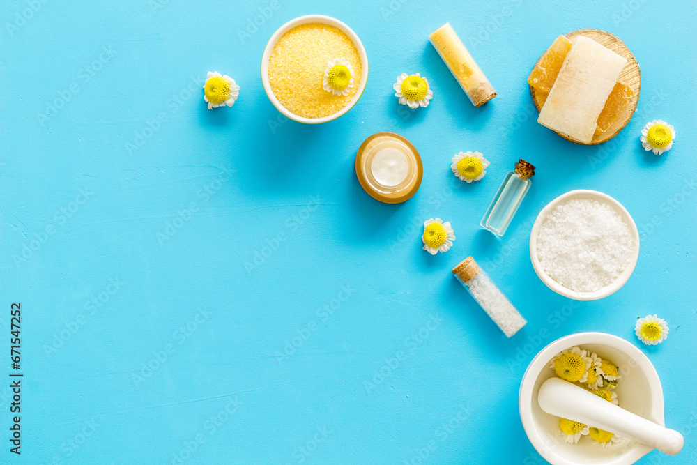Pharmacy chamomile flowers with herbal cosmetic beauty products Pharmacy chamomile flowers with herbal cosmetic beauty products