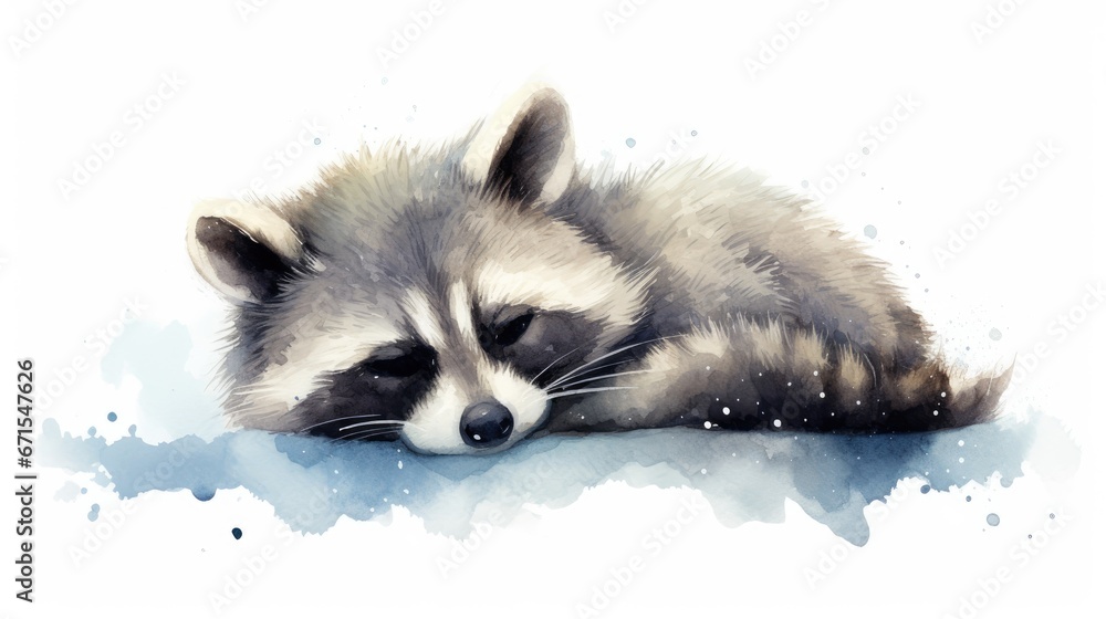 Obraz premium a painting of a raccoon laying on the ground with its head on the ground and it's eyes closed. generative ai