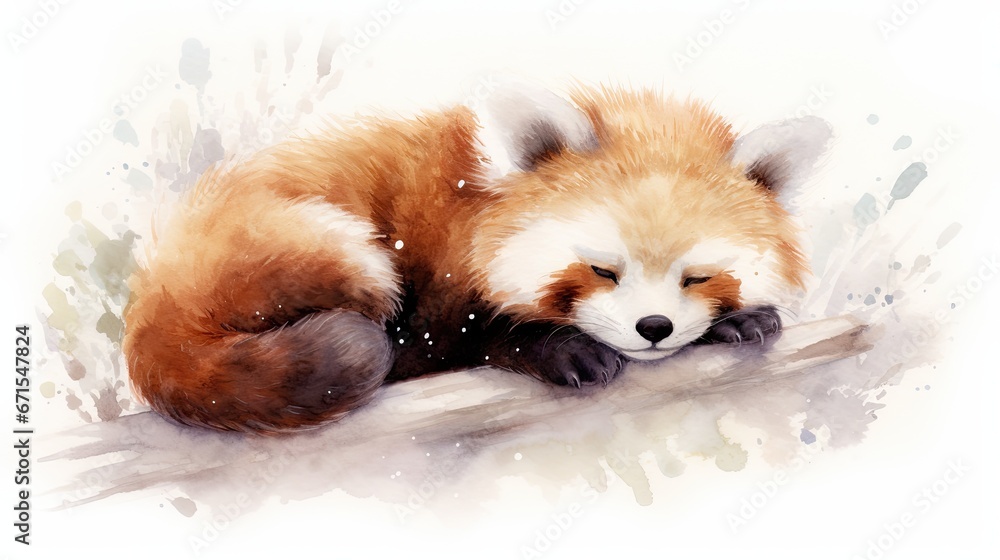 Obraz premium a watercolor painting of a red panda sleeping on top of a piece of wood with it's eyes closed. generative ai
