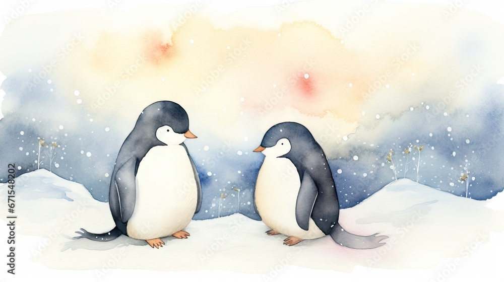 Obraz premium a couple of penguins standing next to each other on a snow covered ground in front of a sky filled with stars. generative ai