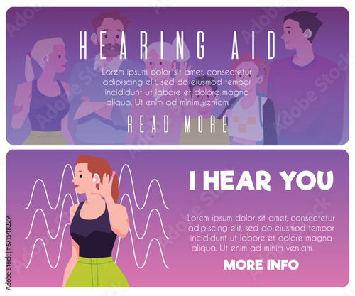 Horizontal templates about hearing problems, vector illustration.