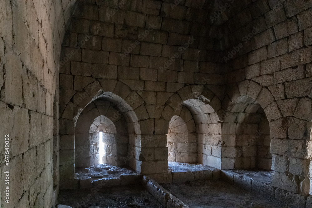 A room  with loopholes in the tower of the medieval fortress of Nimrod - Qalaat al-Subeiba located near the border with Syria and Lebanon in the Golan Heights, in northern Israel