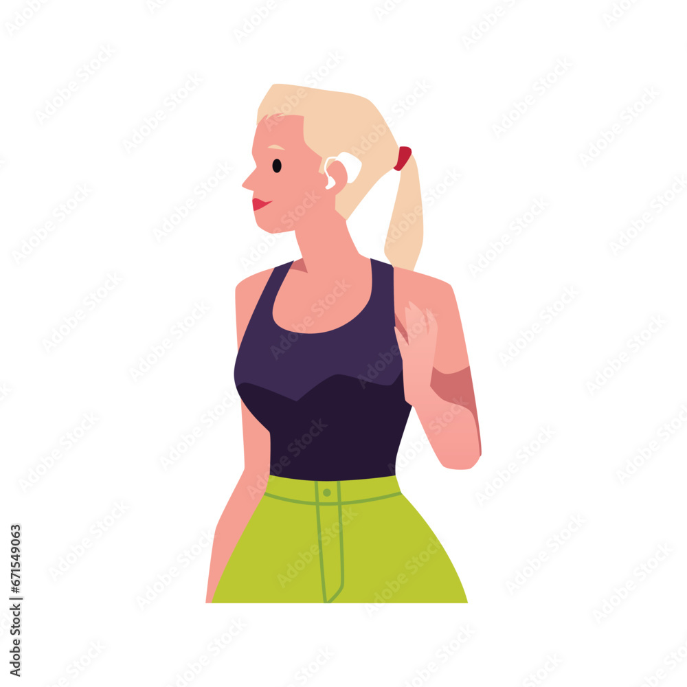 Deaf young blonde woman with hearing aid, person has health problems and using medical gadget in ear vector isolated Deaf young blonde woman with hearing aid, person has health problems and using medical gadget in ear vector isolated