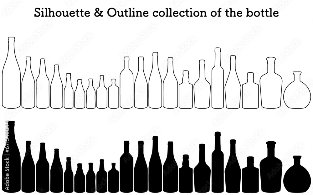 Set of silhouettes and outlines of sake bottles, a bottle of sake and a bottle of beer, wine or whiskey bottle Set of silhouettes and outlines of sake bottles, a bottle of sake and a bottle of beer, wine or whiskey bottle
