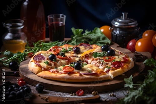 a pizza with olives and tomatoes on a wooden board