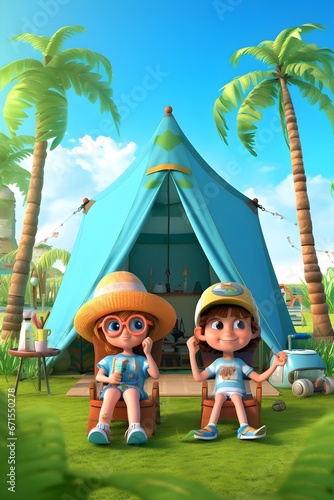 cartoon girls sitting in chairs in front of a tent © Mariana