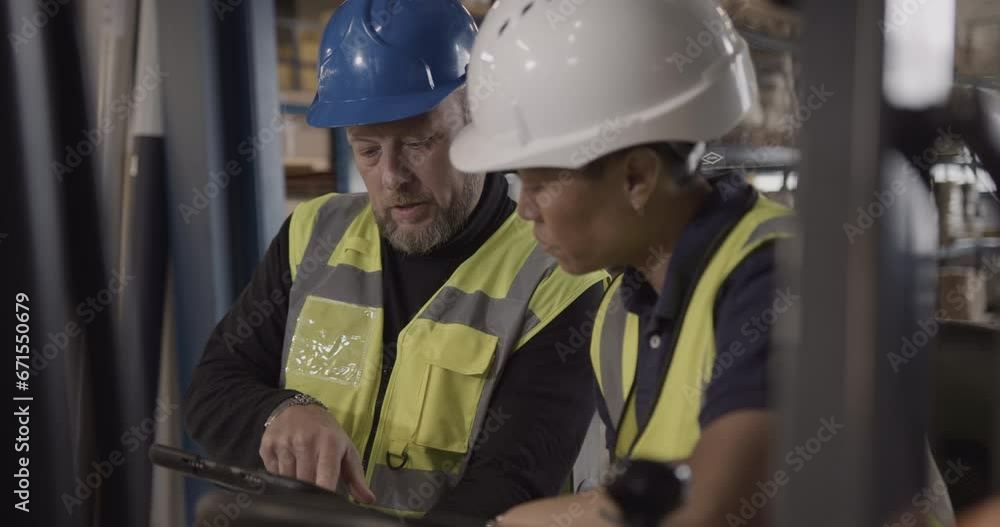 Two Warehouse Workers Looking at Digital tablet Discussing Supply chain Two Warehouse Workers Looking at Digital tablet Discussing Supply chain