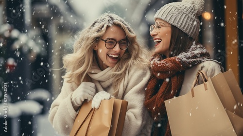 Two cheerful female friends holding shopping bags on snowy winter day. Women making shopping during Christmas sales season