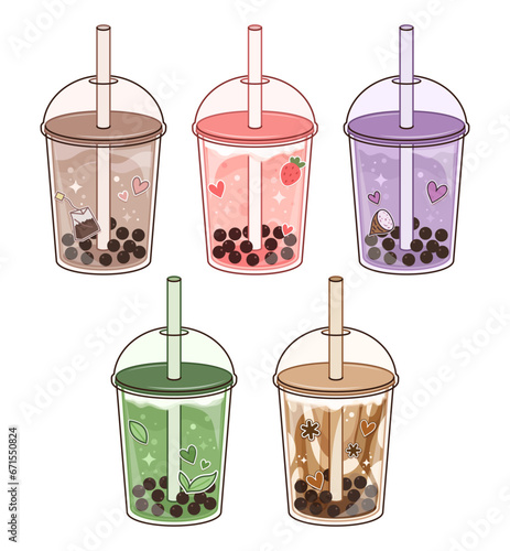 Illustration of various flavors of bubble tea. Earl Gray, green tea, strawberry, taro, brown sugar.
