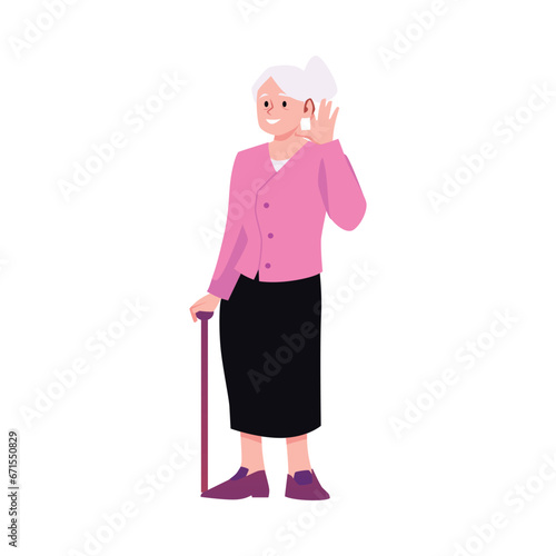 Deaf elderly woman with hearing aid, pensioner has health problems and using medical gadget in ear vector isolated