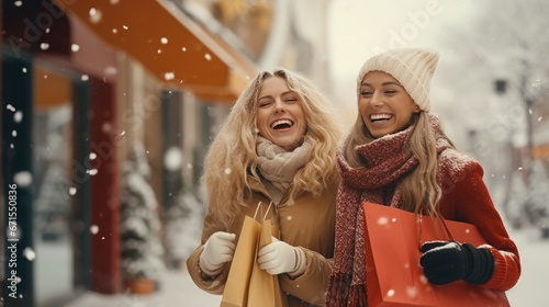 Two cheerful female friends holding shopping bags on snowy winter day. Women making shopping during Christmas sales season photo