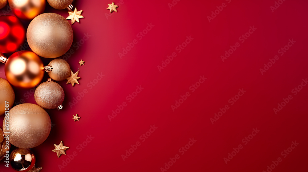 Red background with christmas decorations. Space for text. Red background with christmas decorations. Space for text.