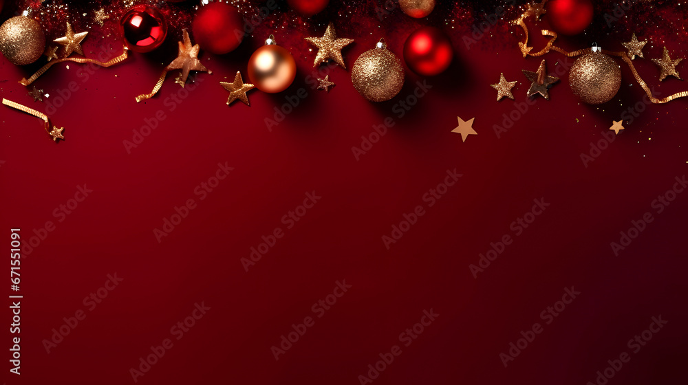 Red background with christmas decorations. Space for text. Red background with christmas decorations. Space for text.